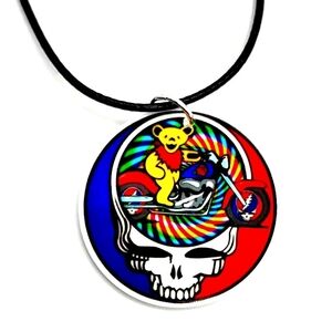 Awesome Artistic Greatful Dead Head Hippy Trippy Dancing Bear On Harley Necklace